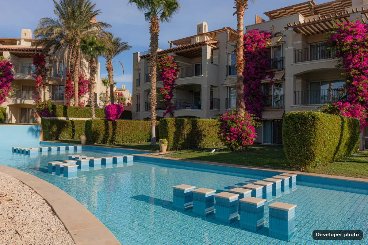 Veranda pool and residential buildings with bougainvillea, Sahl Hasheesh, Hurghada